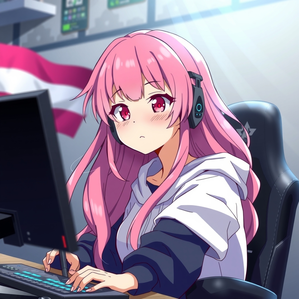 create anime image transgirl transflag pink hair gamer streaming setup by मुफ्त एआई छवि जनरेटर - बिना लॉगिन के✨ | AIGAZOU