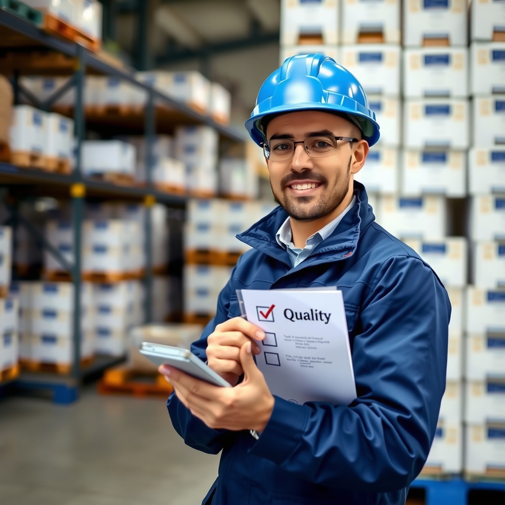 man in blue work clothes checks quality in warehouse by Générateur d'images par IA gratuit - Aucune connexion nécessaire✨ | AIGAZOU