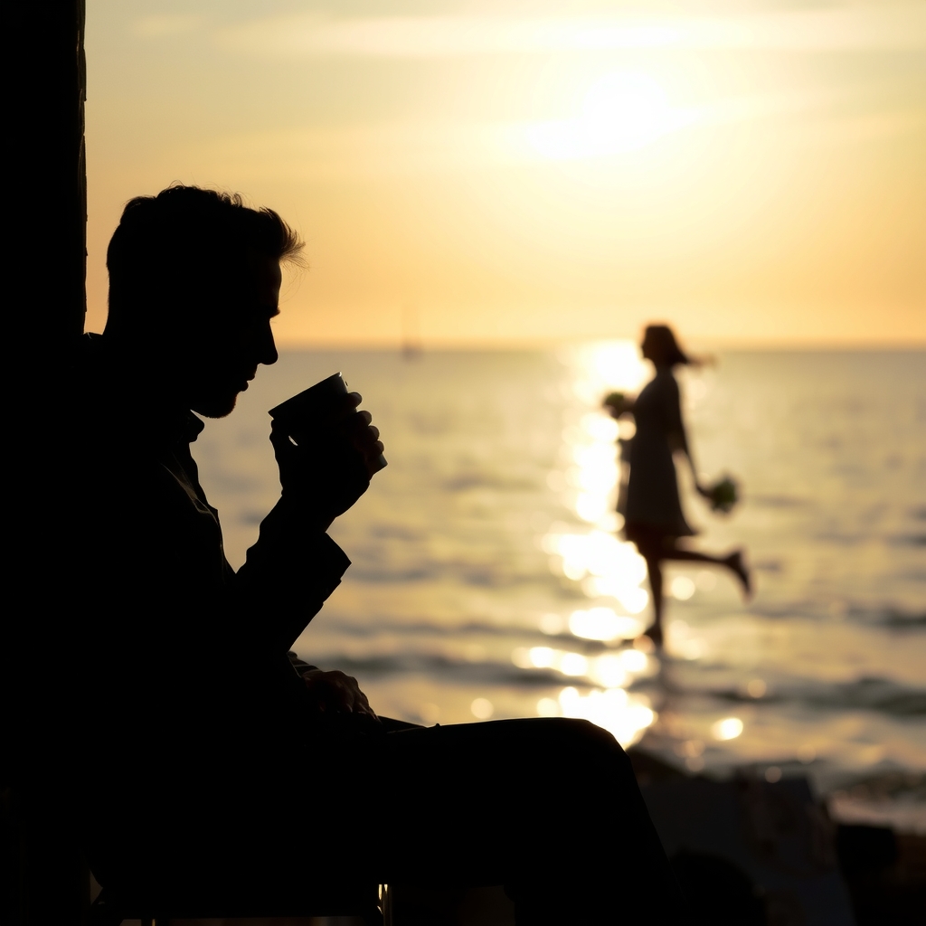 shadow man sitting drinking coffee sunset sea by मुफ्त एआई छवि जनरेटर - बिना लॉगिन के✨ | AIGAZOU