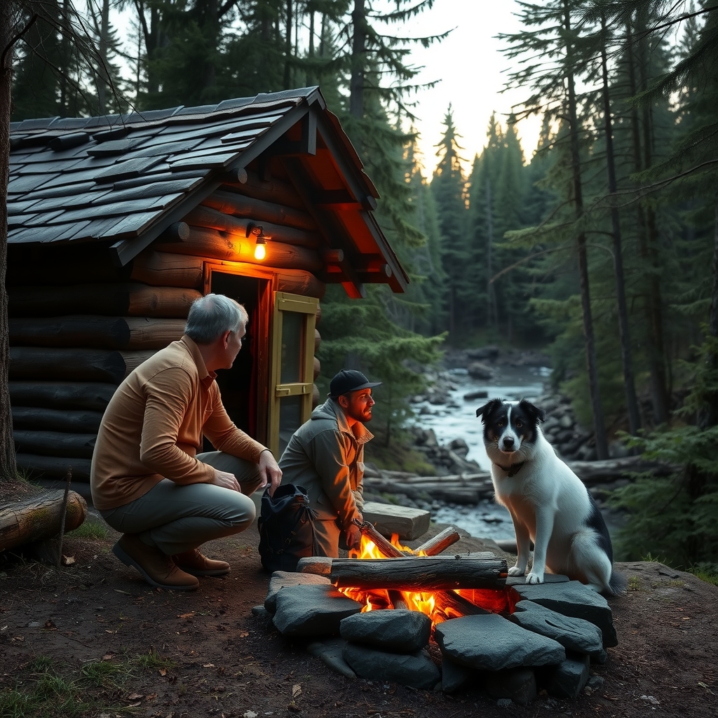 small cabin by forest edge near stream at dusk elderly man sitting next to border collie by fire by मुफ्त एआई छवि जनरेटर - बिना लॉगिन के✨ | AIGAZOU