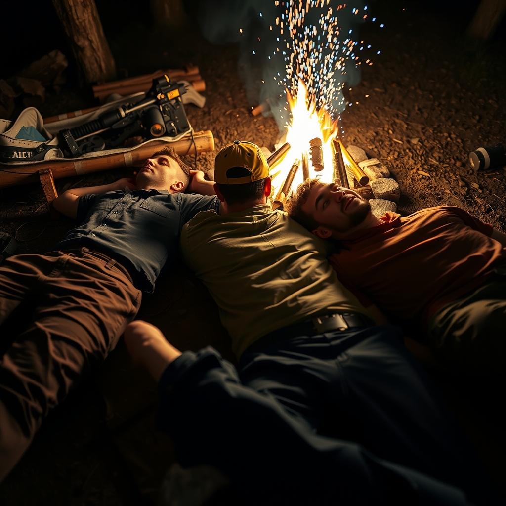 three men sleeping around campfire by मुफ्त एआई छवि जनरेटर - बिना लॉगिन के✨ | AIGAZOU