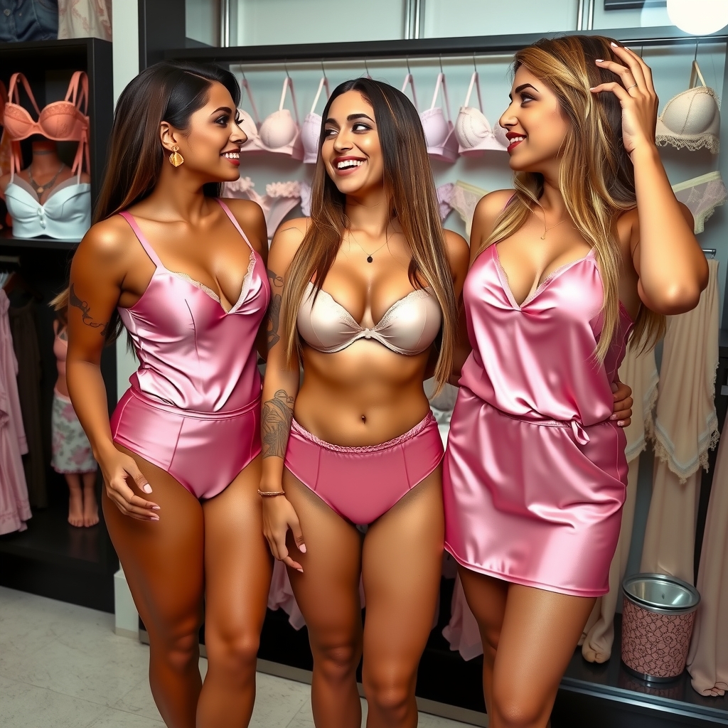 three women thin figure looking at each other satin underwear pink color large chest hazelnut brown skin tattoos chain long by Générateur d'images par IA gratuit - Aucune connexion nécessaire✨ | AIGAZOU