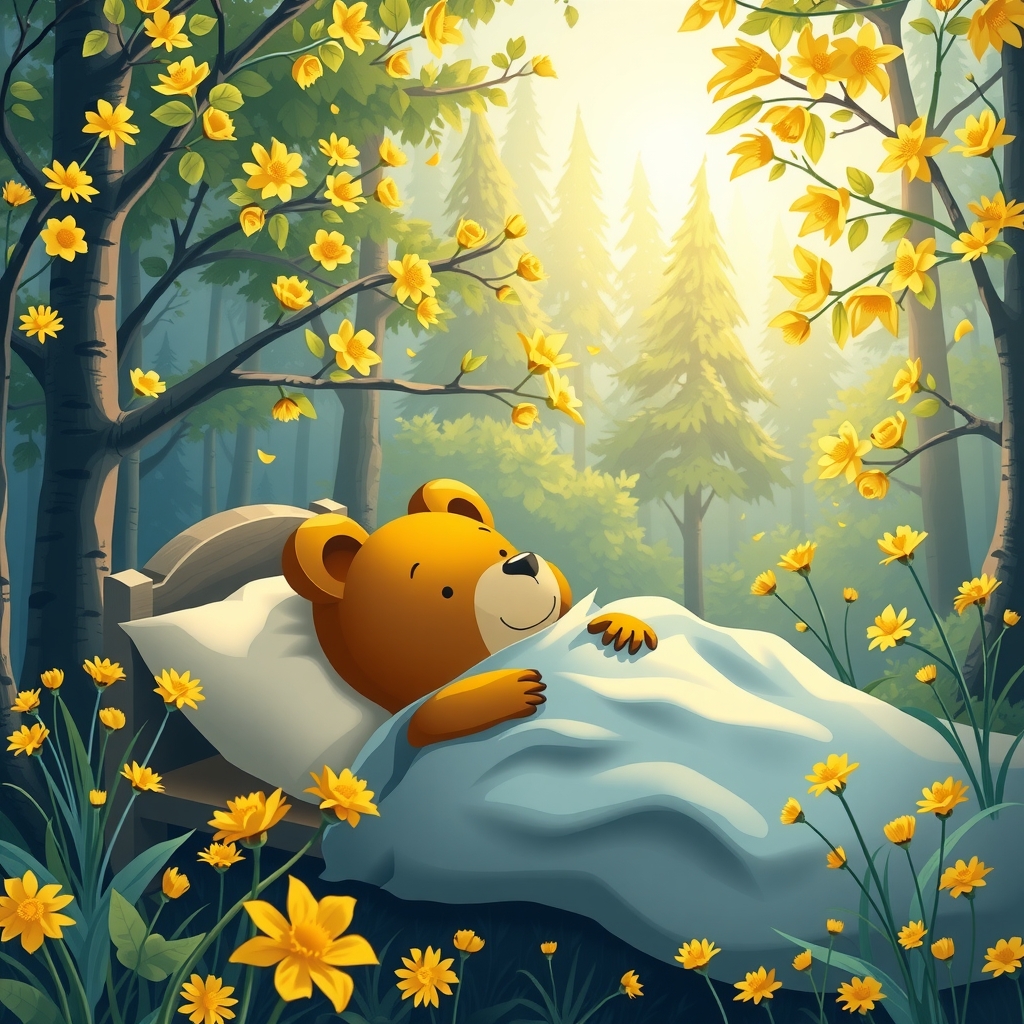 morning sunlight through forest baby bear wakes up surrounded by trees and flowers full of anticipation by मुफ्त एआई छवि जनरेटर - बिना लॉगिन के✨ | AIGAZOU