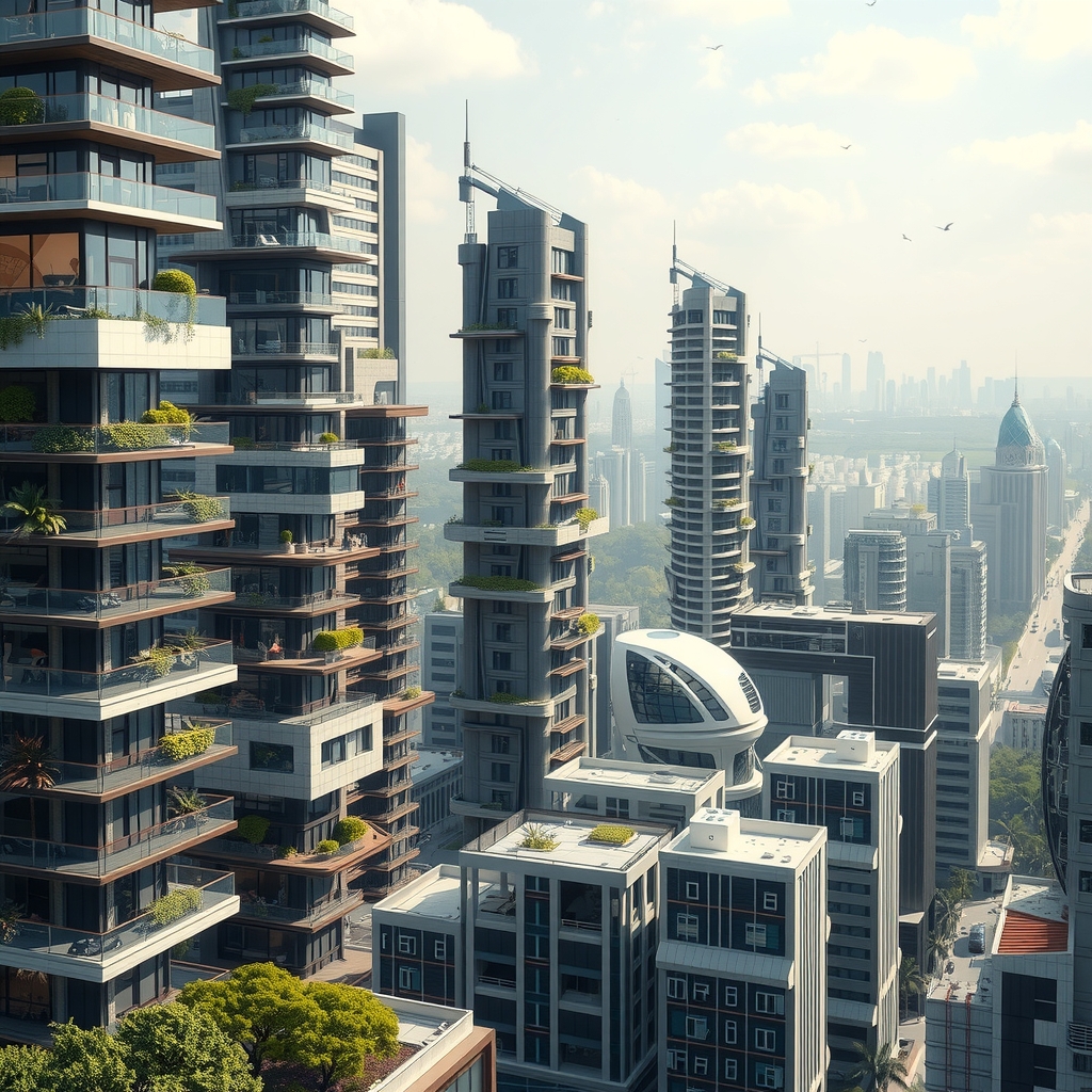 modern skyscrapers future city green plants by मुफ्त एआई छवि जनरेटर - बिना लॉगिन के✨ | AIGAZOU