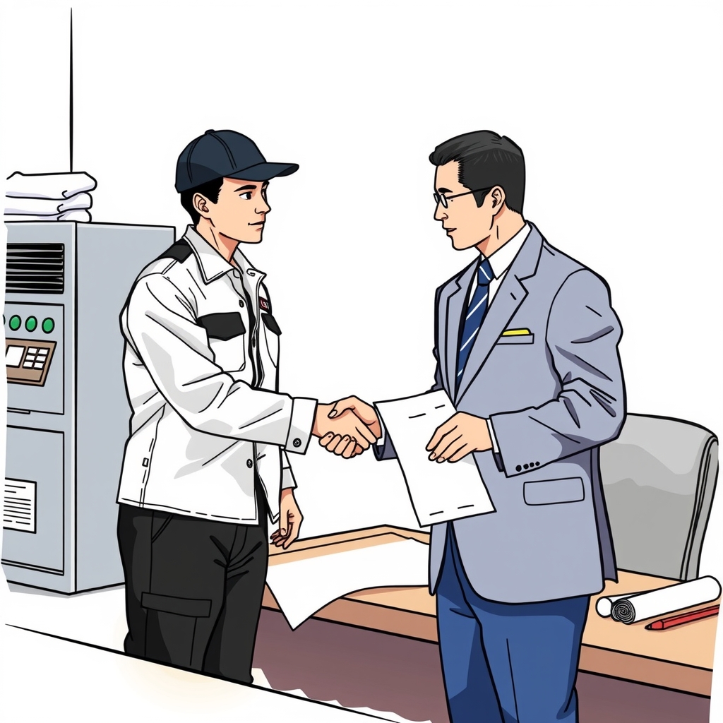 mechanical manufacturer work clothes white pants black hat navy business suit illustration desktop machine displayed on table right hand shaking by Free AI Image Generator & Maker - No login required✨ | AIGAZOU