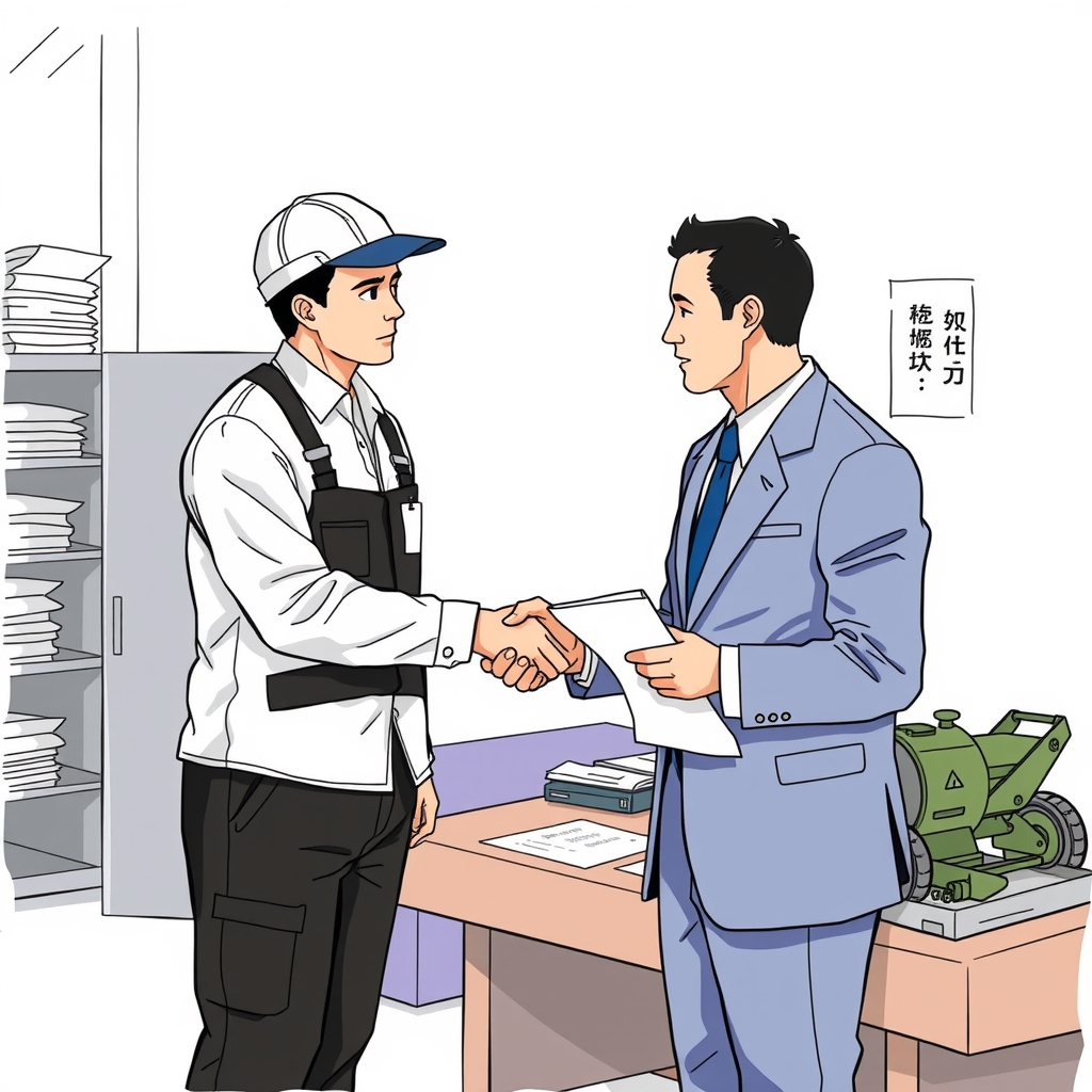 mechanical manufacturer work clothes white pants black hat navy business suit illustration small machine displayed on desk right hand shaking by Free AI Image Generator & Maker - No login required✨ | AIGAZOU