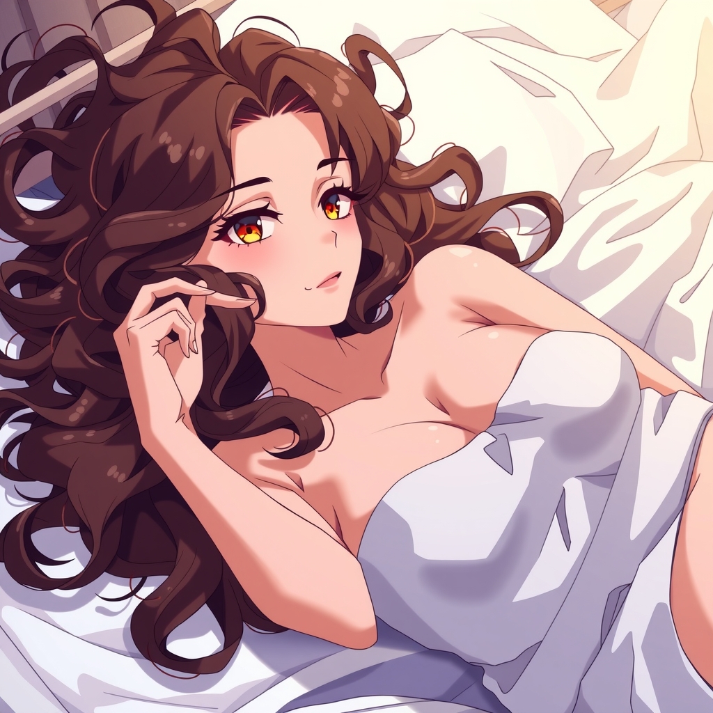 anime style sexy girl with long curly hair lying in bed well made up by मुफ्त एआई छवि जनरेटर - बिना लॉगिन के✨ | AIGAZOU