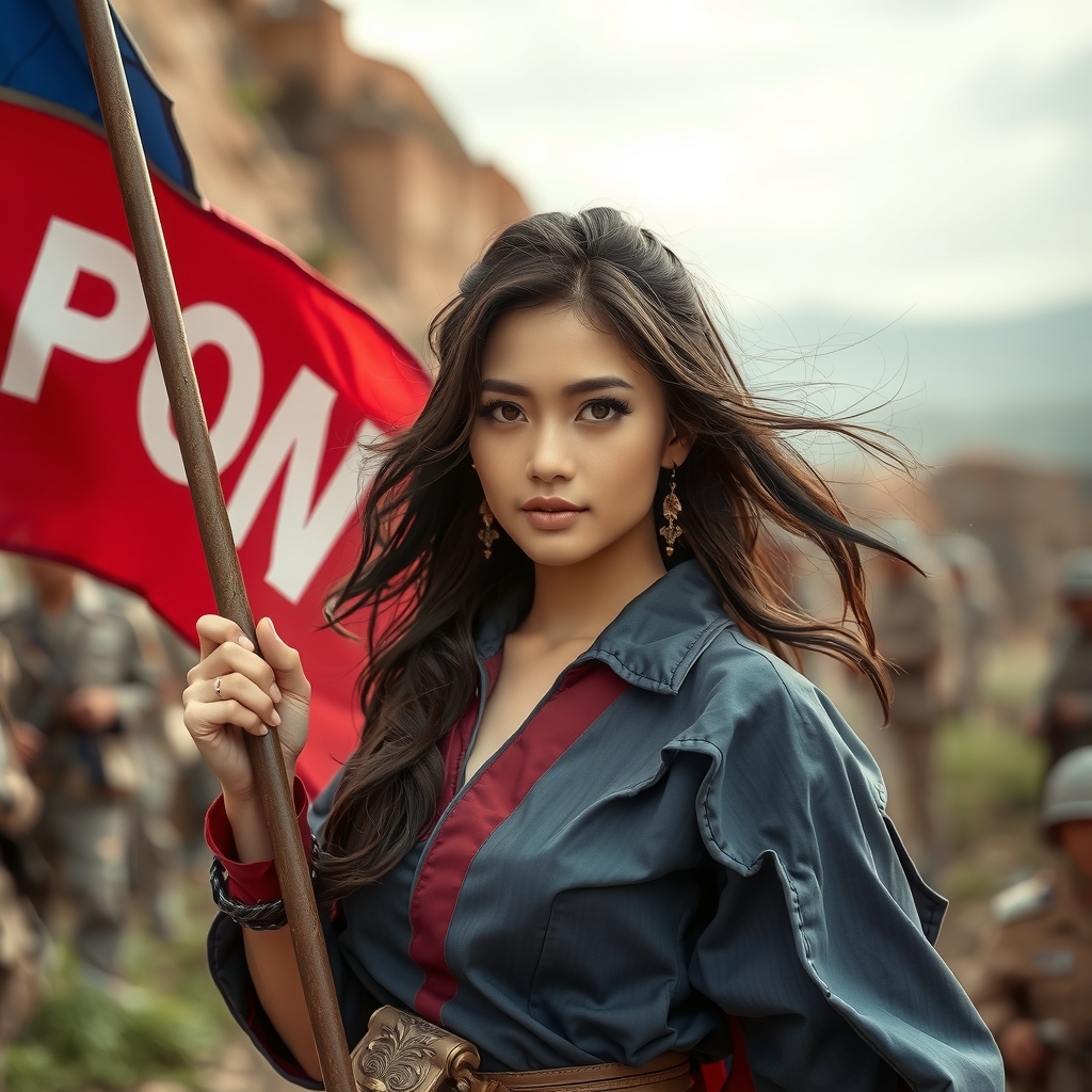 a beautiful asian woman holding a flag in a battlefield by मुफ्त एआई छवि जनरेटर - बिना लॉगिन के✨ | AIGAZOU