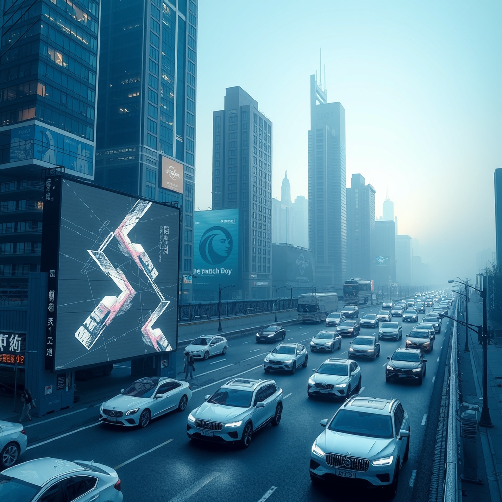 blue background tech light effects mystery color white hovering cars flowing on roads beside tech skyscrapers large borderless electronic projection by Free AI Image Generator & Maker - No login required✨ | AIGAZOU