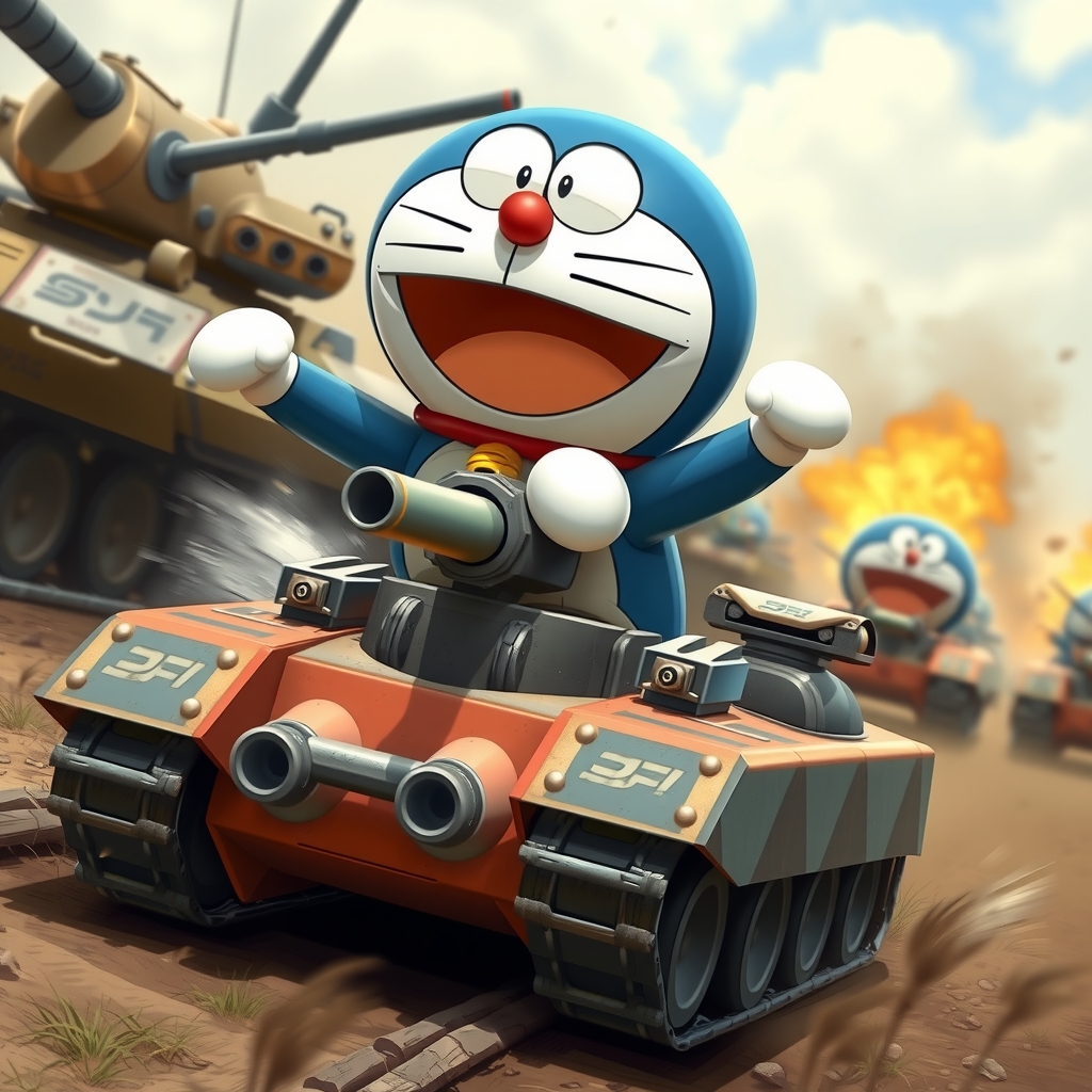 doraemon racing through battlefield on tank by मुफ्त एआई छवि जनरेटर - बिना लॉगिन के✨ | AIGAZOU