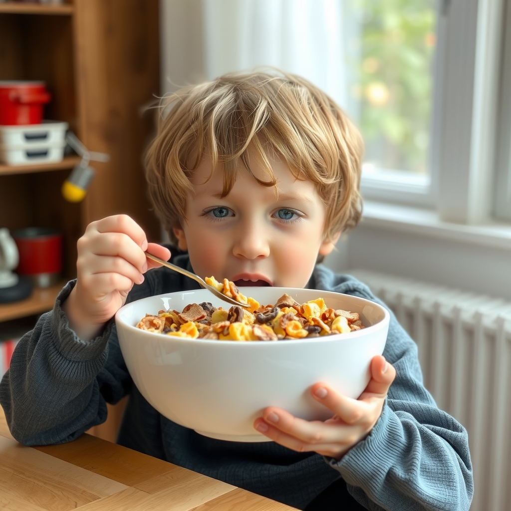 a boy eating in a bowl of cereal by मुफ्त एआई छवि जनरेटर - बिना लॉगिन के✨ | AIGAZOU