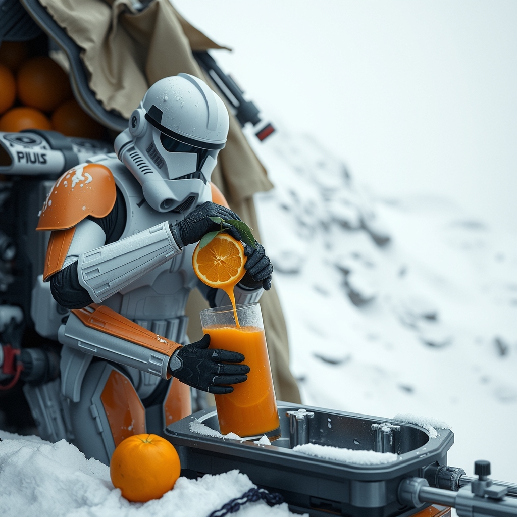 a clone trooper presses orange juice in the arctic by मुफ्त एआई छवि जनरेटर - बिना लॉगिन के✨ | AIGAZOU