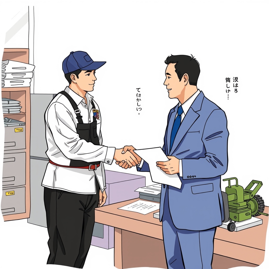 mechanical manufacturer workwear white pants black hat navy suit illustration small machine displayed on desk right hand shaking left hand by मुफ्त एआई छवि जनरेटर - बिना लॉगिन के✨ | AIGAZOU