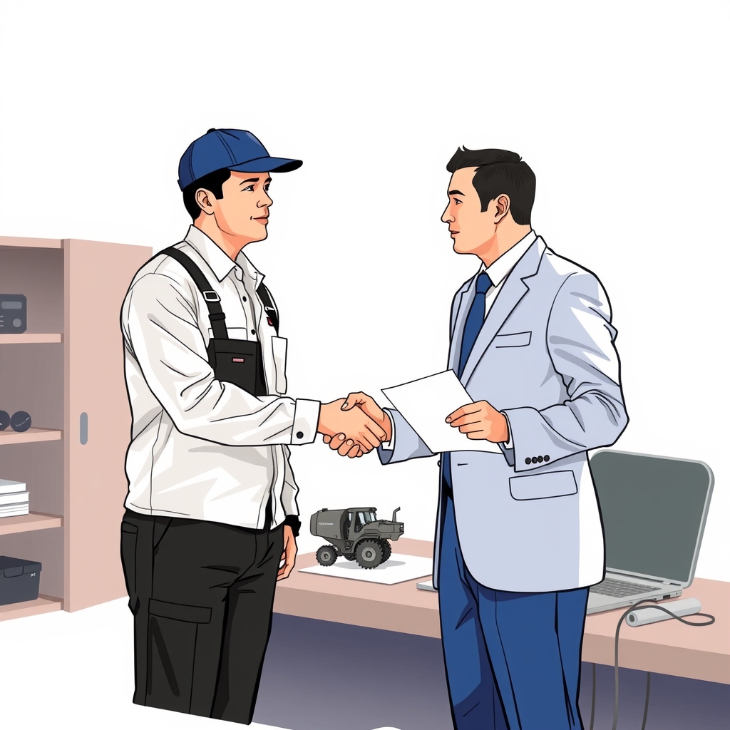 mechanical manufacturer work clothes white pants black hat navy business suit illustration small machine on table right hand shaking left by मुफ्त एआई छवि जनरेटर - बिना लॉगिन के✨ | AIGAZOU