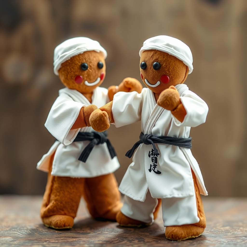 two gingerbread men dressed in white kimonos and black hakamas practicing aikido by मुफ्त एआई छवि जनरेटर - बिना लॉगिन के✨ | AIGAZOU