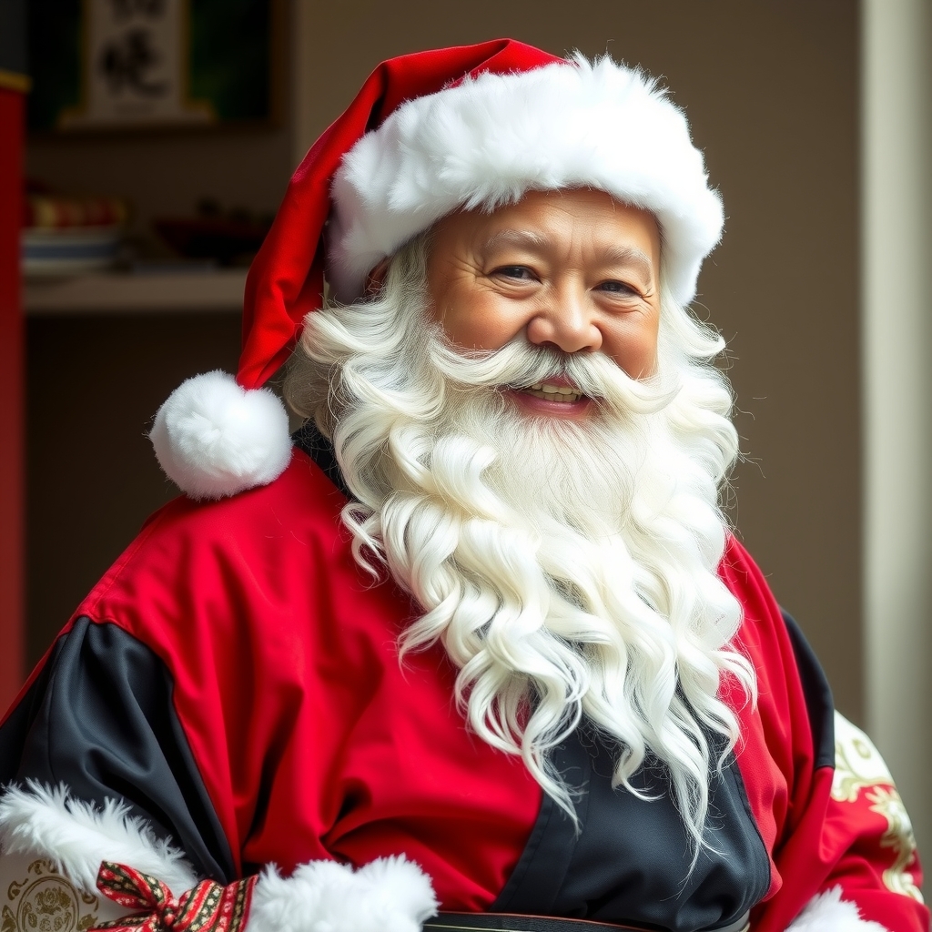 a smiling santa claus with white beard dressed in black hakama and red kimono by Générateur d'images par IA gratuit - Aucune connexion nécessaire✨ | AIGAZOU