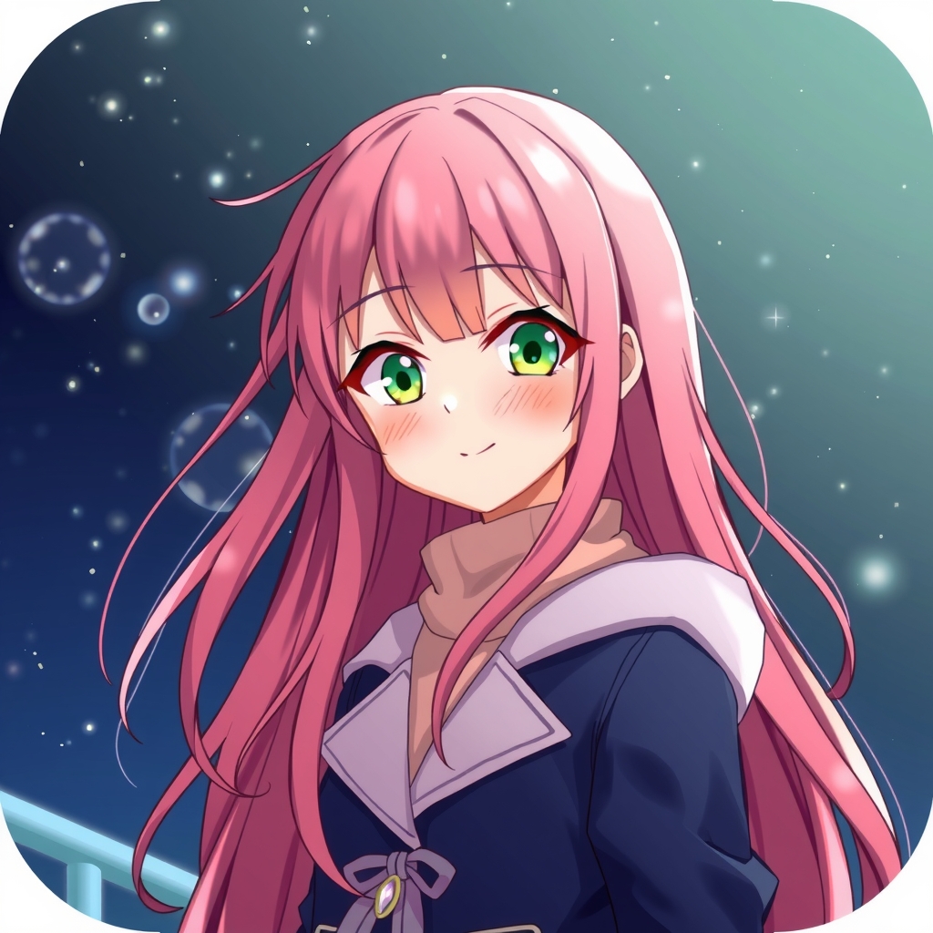 anime style cute girl long hair thin red hair green eyes smiling night sky background suitable for youtube icon by मुफ्त एआई छवि जनरेटर - बिना लॉगिन के✨ | AIGAZOU