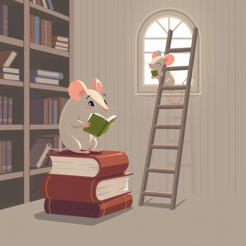 minimalist 2d illustration of two mice in a library by मुफ्त एआई छवि जनरेटर - बिना लॉगिन के✨ | AIGAZOU