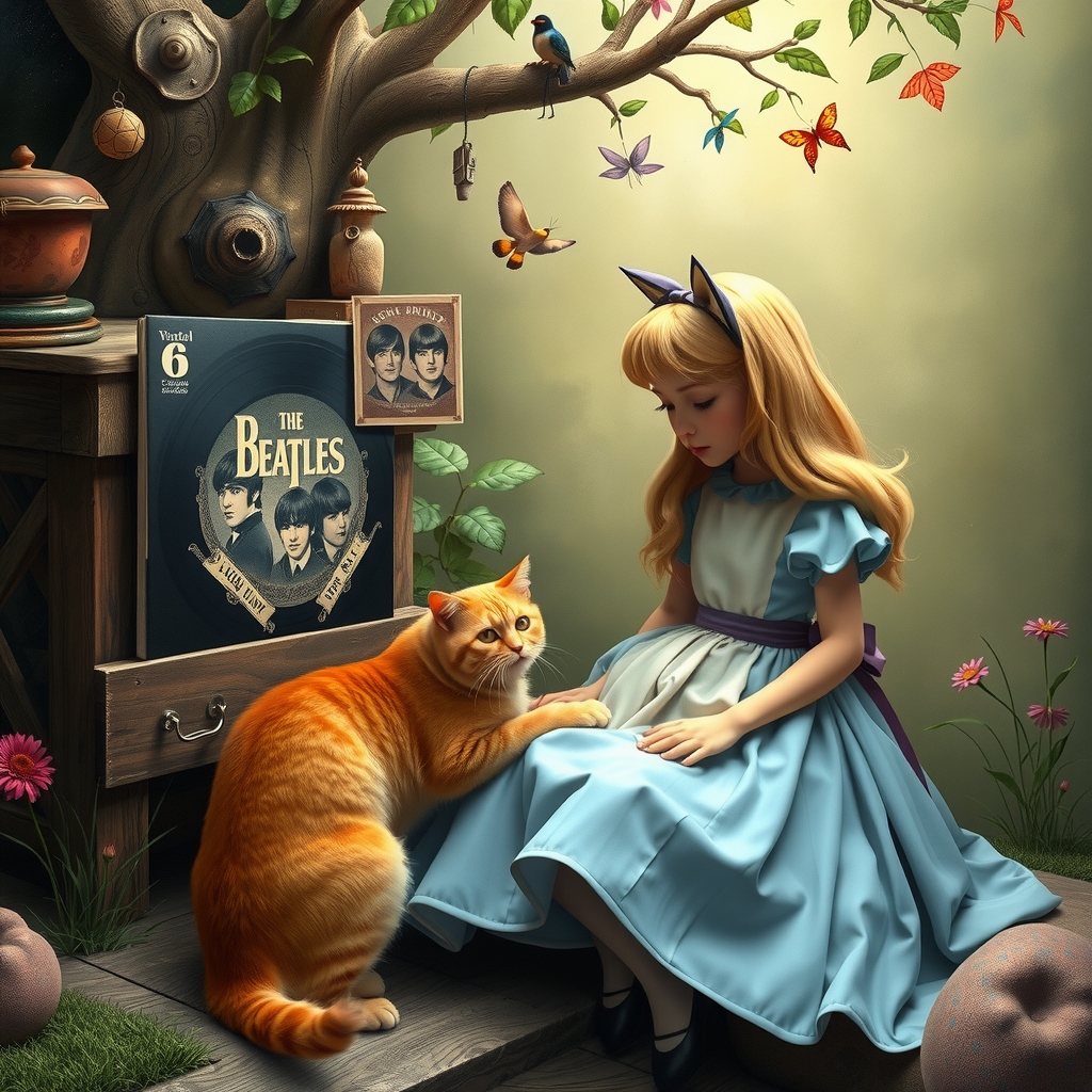 alice in wonderland with beatles record and orange cat by मुफ्त एआई छवि जनरेटर - बिना लॉगिन के✨ | AIGAZOU