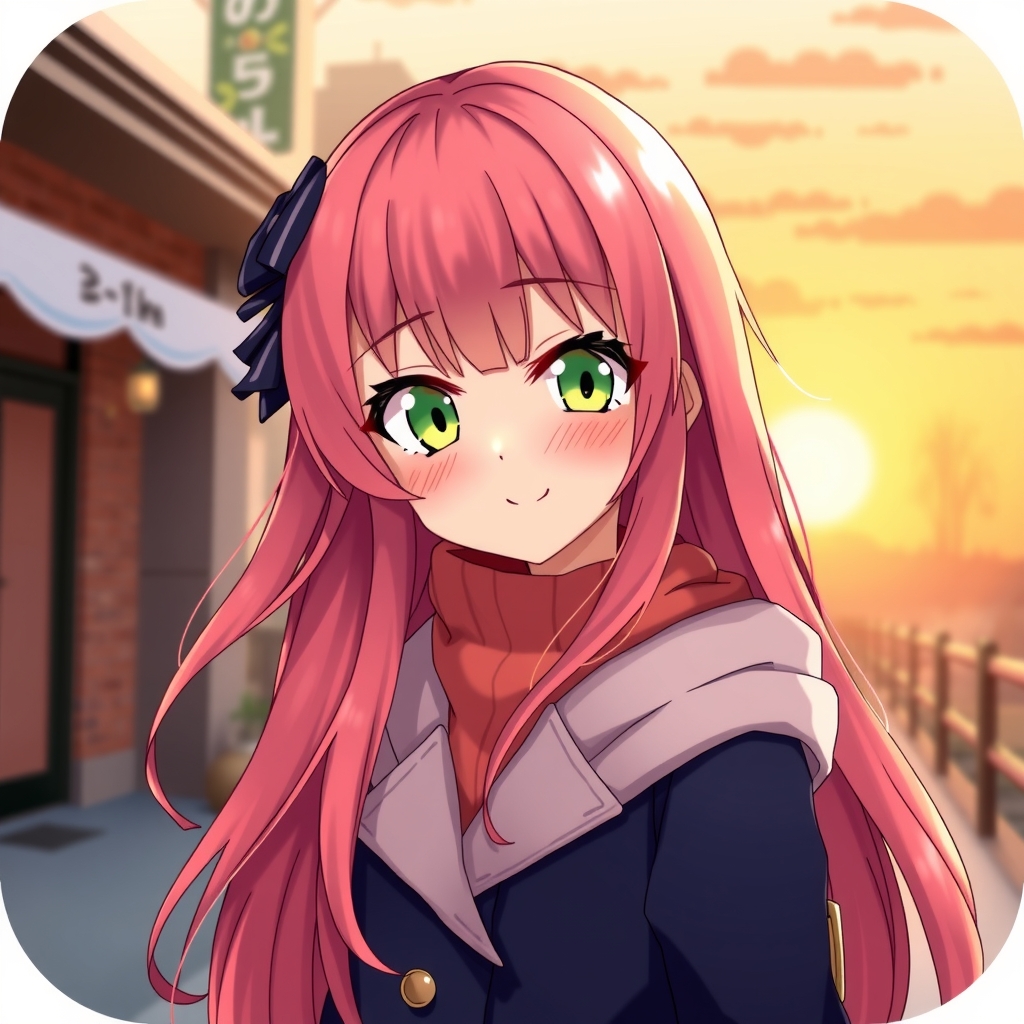 anime style cute girl long hair red hair green eyes smiling sunset background suitable for youtube icon by मुफ्त एआई छवि जनरेटर - बिना लॉगिन के✨ | AIGAZOU