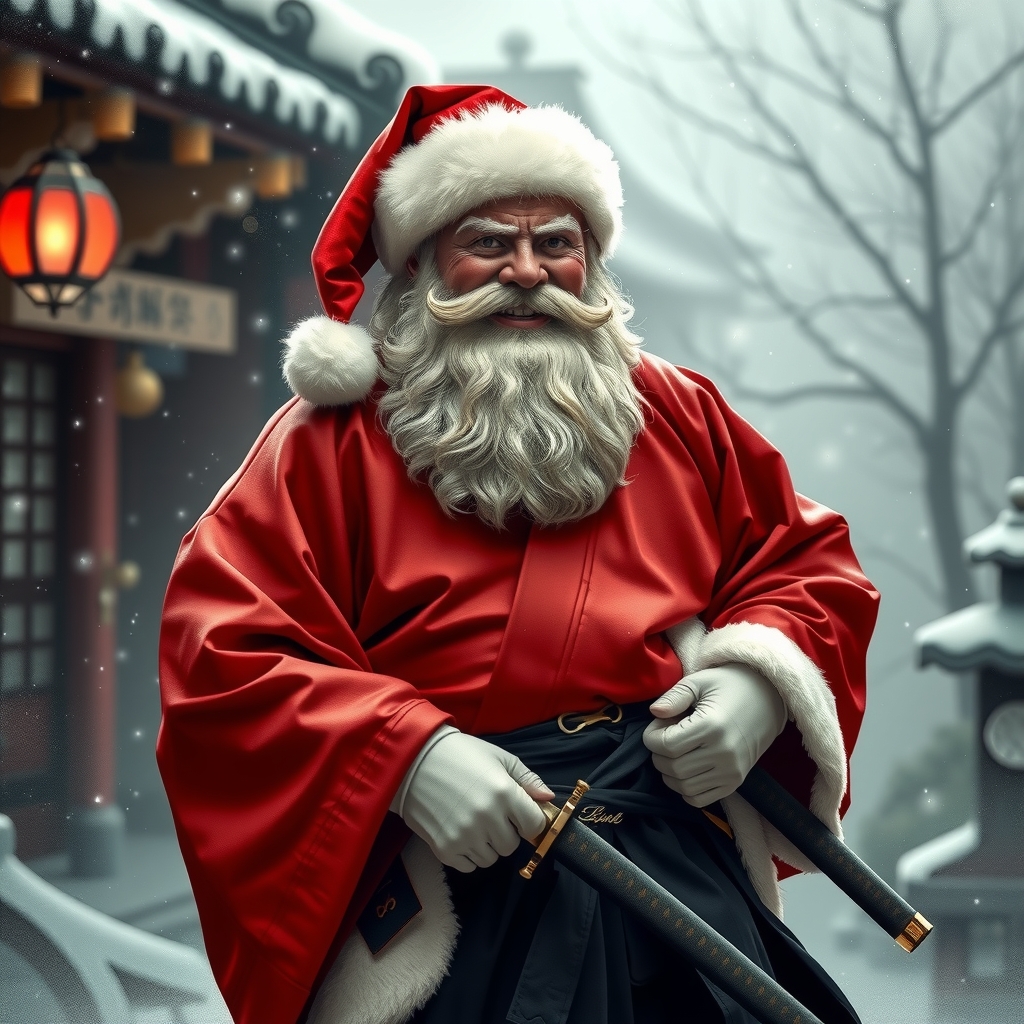 a smiling santa claus with white beard dressed in black hakama and red kimono with katanas at the belt by मुफ्त एआई छवि जनरेटर - बिना लॉगिन के✨ | AIGAZOU