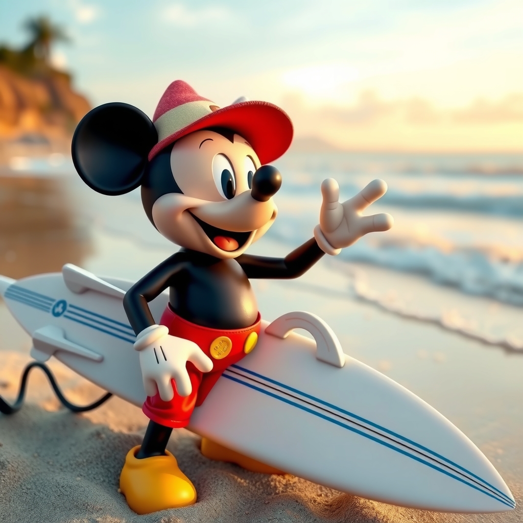 mickey mouse on the beach with a surfboard by मुफ्त एआई छवि जनरेटर - बिना लॉगिन के✨ | AIGAZOU