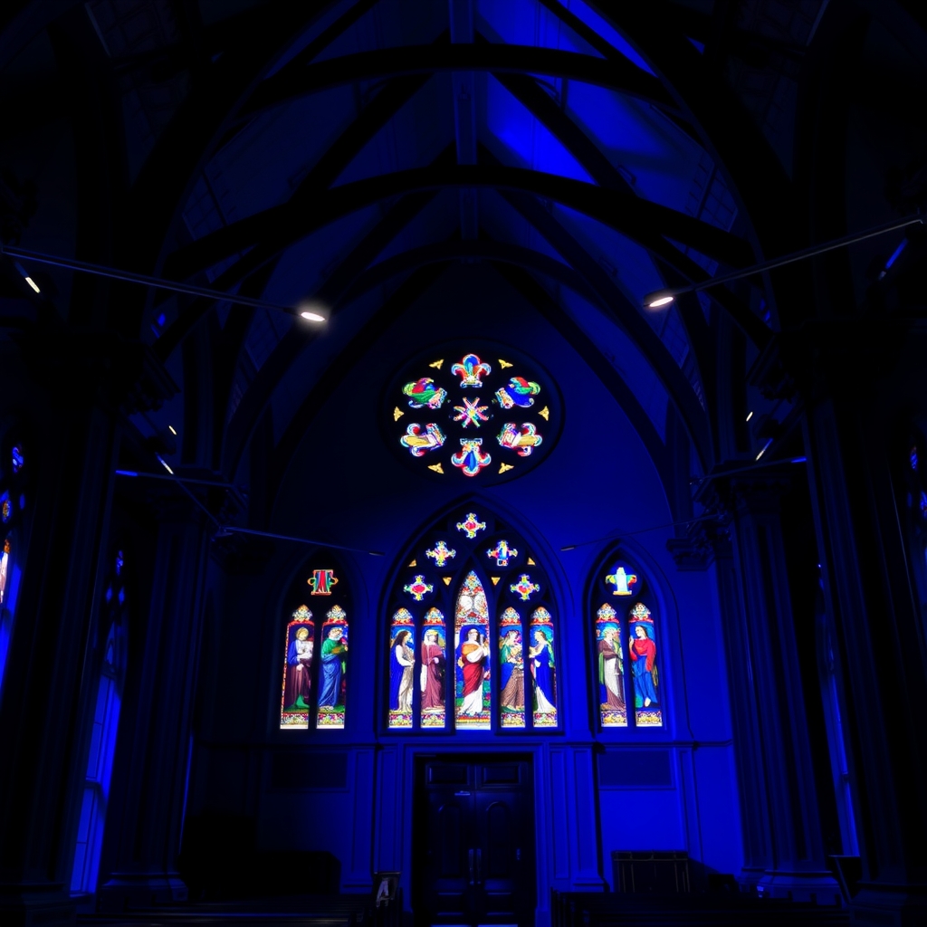 blue black church interior stained glass front sapphire blue night sacred feeling by मुफ्त एआई छवि जनरेटर - बिना लॉगिन के✨ | AIGAZOU