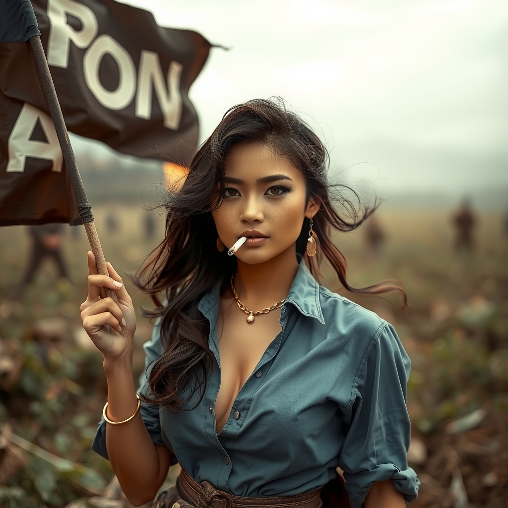 a beautiful asian woman holding a flag in a battlefield by मुफ्त एआई छवि जनरेटर - बिना लॉगिन के✨ | AIGAZOU