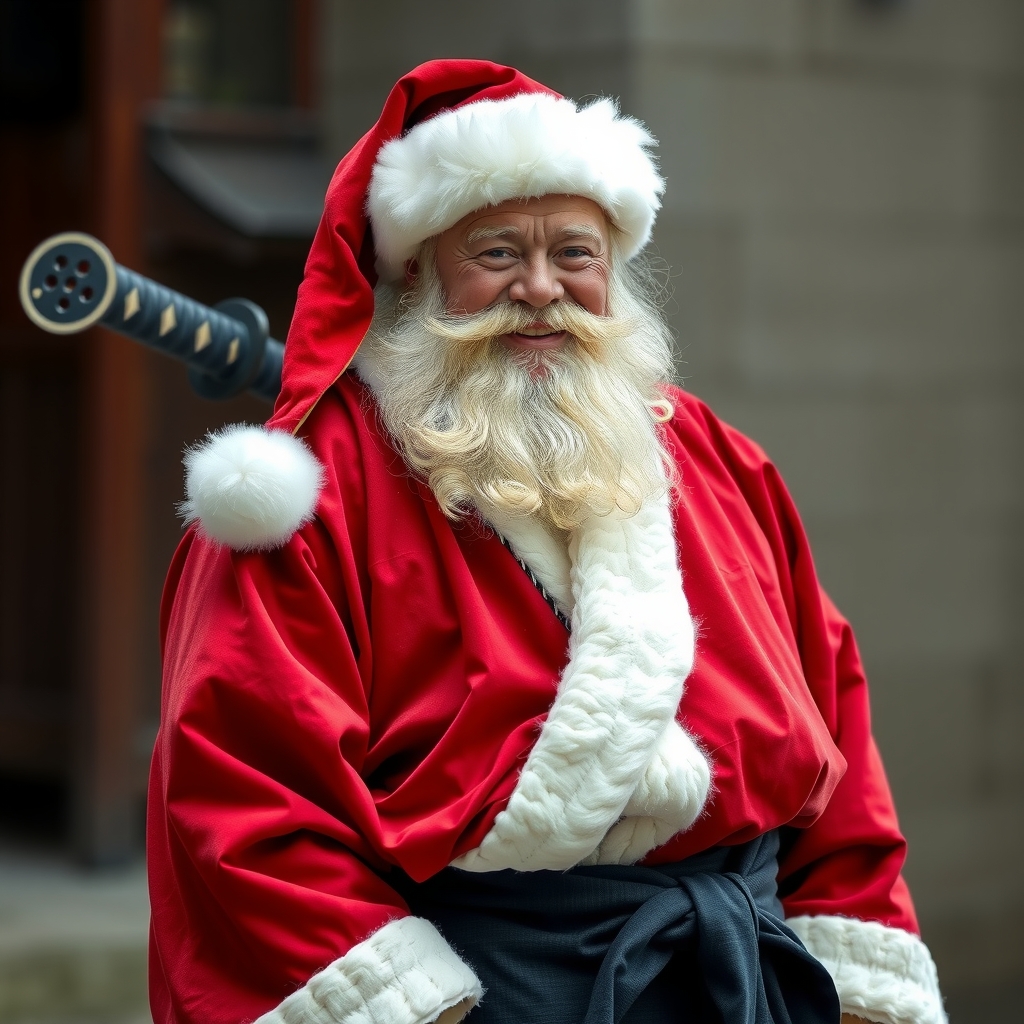 a smiling santa claus with white beard dressed in black hakama and red kimono katana at belt by मुफ्त एआई छवि जनरेटर - बिना लॉगिन के✨ | AIGAZOU