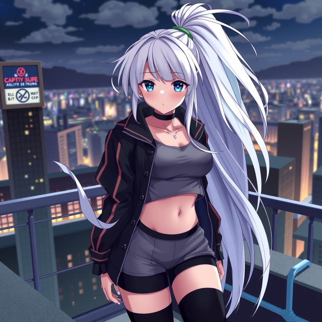 white hair blue eyes high ponytail city rooftop night super long hair crop top jacket black thigh high socks 2d by मुफ्त एआई छवि जनरेटर - बिना लॉगिन के✨ | AIGAZOU