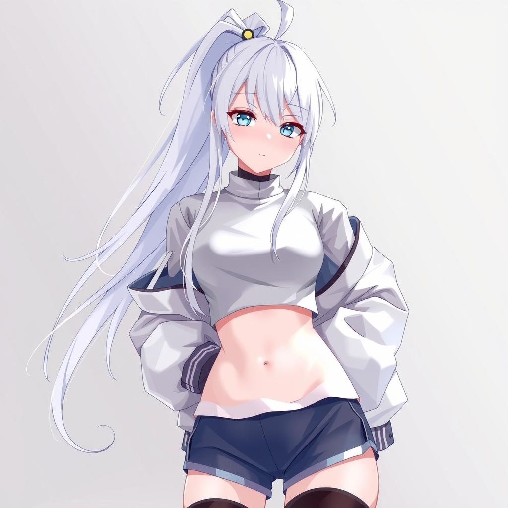 white hair high ponytail crop top white jacket black thigh high socks ultra long hair blue eyes shorts by मुफ्त एआई छवि जनरेटर - बिना लॉगिन के✨ | AIGAZOU