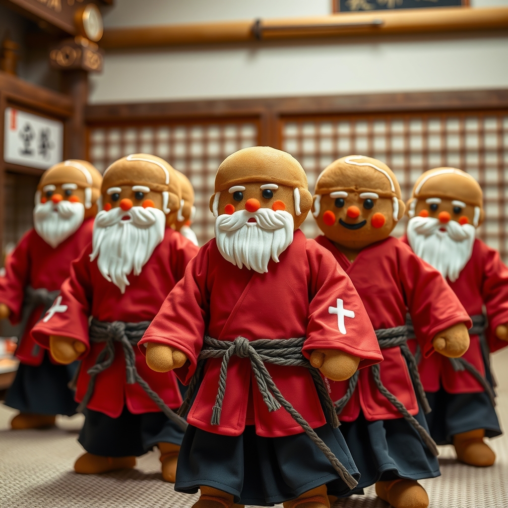 five gingerbread samurai with white beards dressed in black hakama and red kimonos in a dojo smiling by मुफ्त एआई छवि जनरेटर - बिना लॉगिन के✨ | AIGAZOU