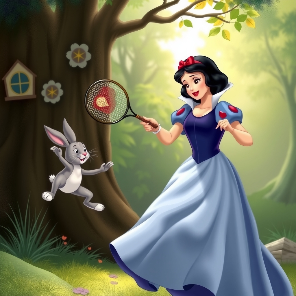 snow white playing badminton with rabbit by मुफ्त एआई छवि जनरेटर - बिना लॉगिन के✨ | AIGAZOU