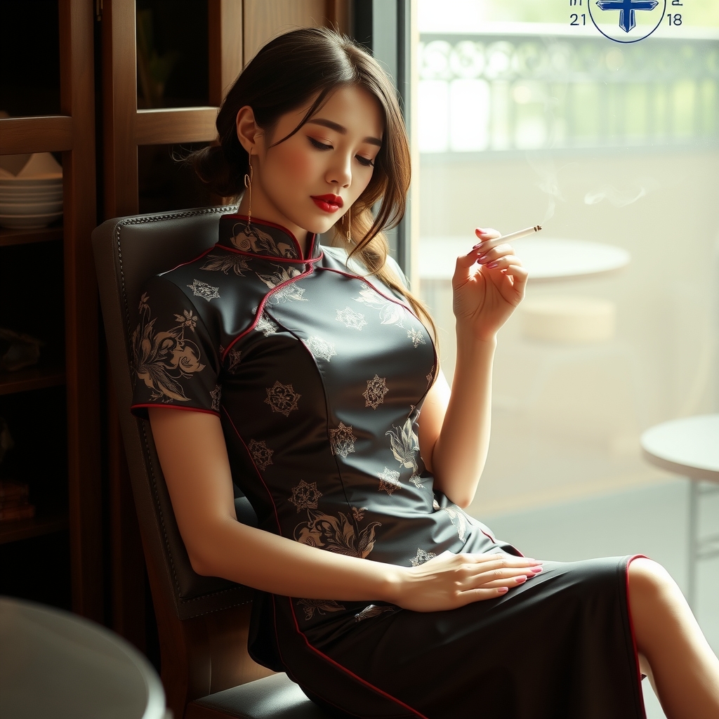 a girl in cheongsam sitting tall smoking by मुफ्त एआई छवि जनरेटर - बिना लॉगिन के✨ | AIGAZOU