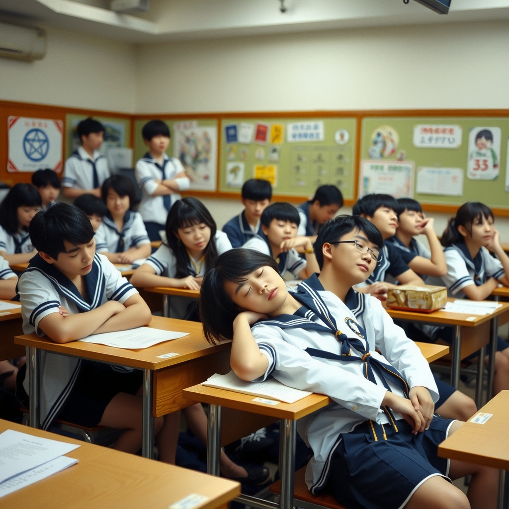 class students and teachers sleeping japanese high school sailor uniform by मुफ्त एआई छवि जनरेटर - बिना लॉगिन के✨ | AIGAZOU