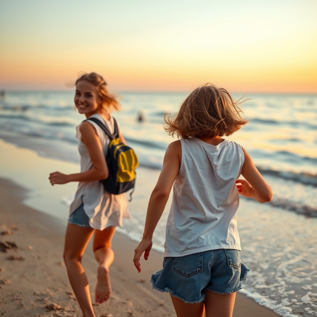 two sunny short haired high school girls running and laughing on the beach at dusk by मुफ्त एआई छवि जनरेटर - बिना लॉगिन के✨ | AIGAZOU