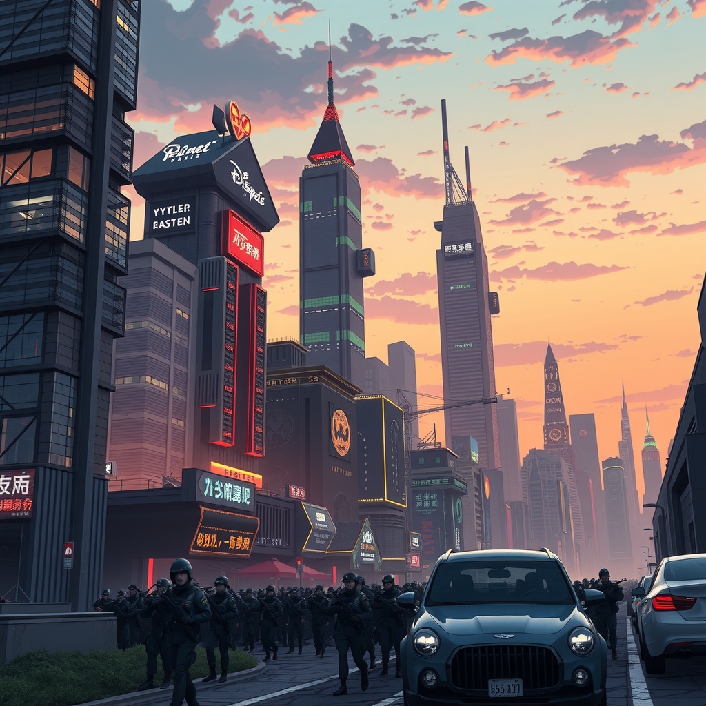 anime style title cyber capital towering skyscrapers evening futuristic dictator smiling face following army escort by मुफ्त एआई छवि जनरेटर - बिना लॉगिन के✨ | AIGAZOU