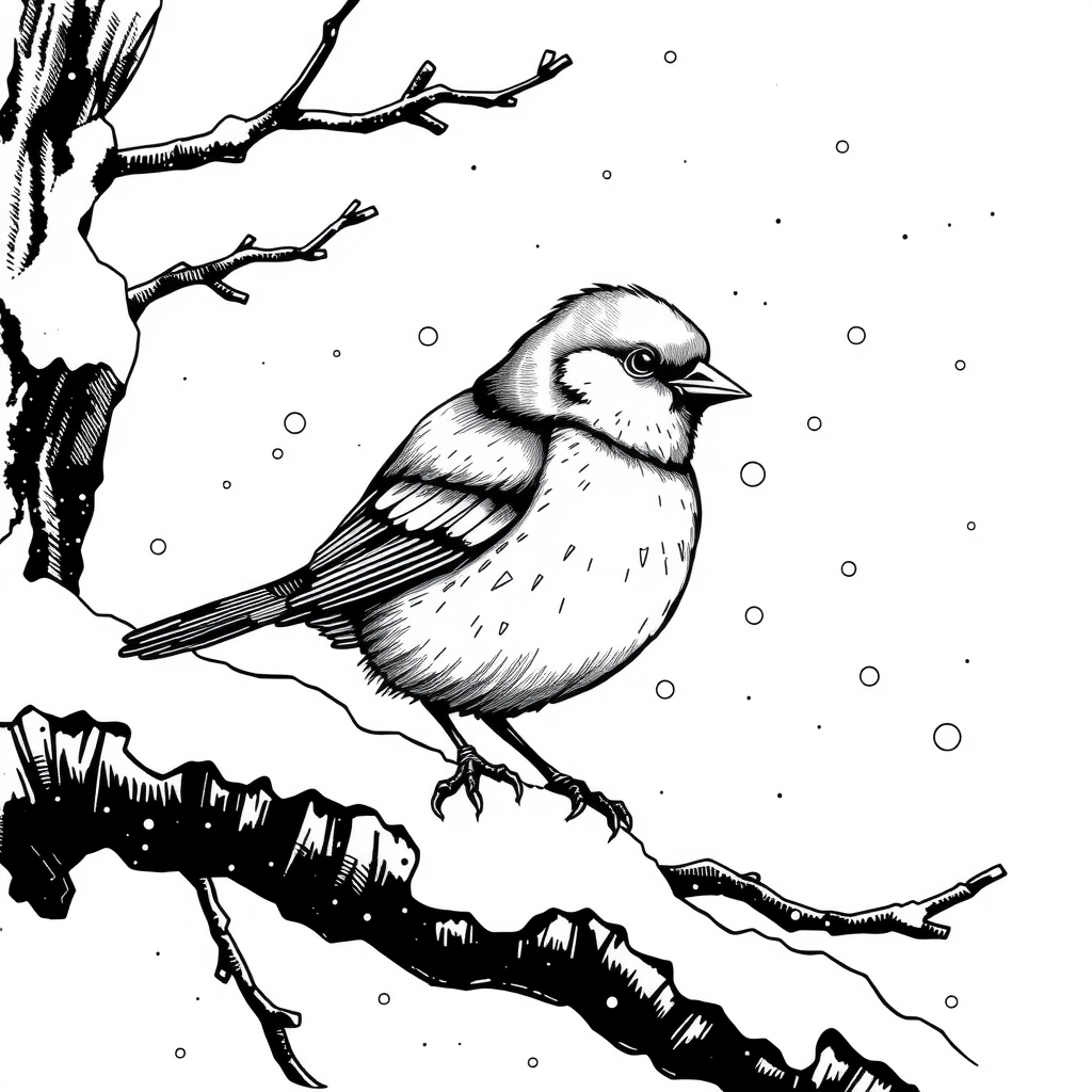 a black and white pen style round bird eating snow by मुफ्त एआई छवि जनरेटर - बिना लॉगिन के✨ | AIGAZOU