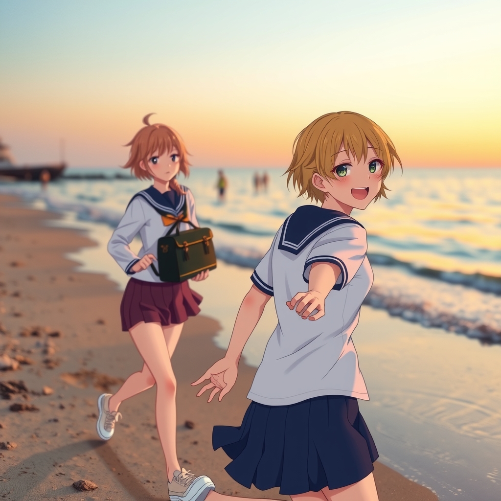 two short haired high school girls in japanese uniforms run and laugh on the beach at dusk by मुफ्त एआई छवि जनरेटर - बिना लॉगिन के✨ | AIGAZOU