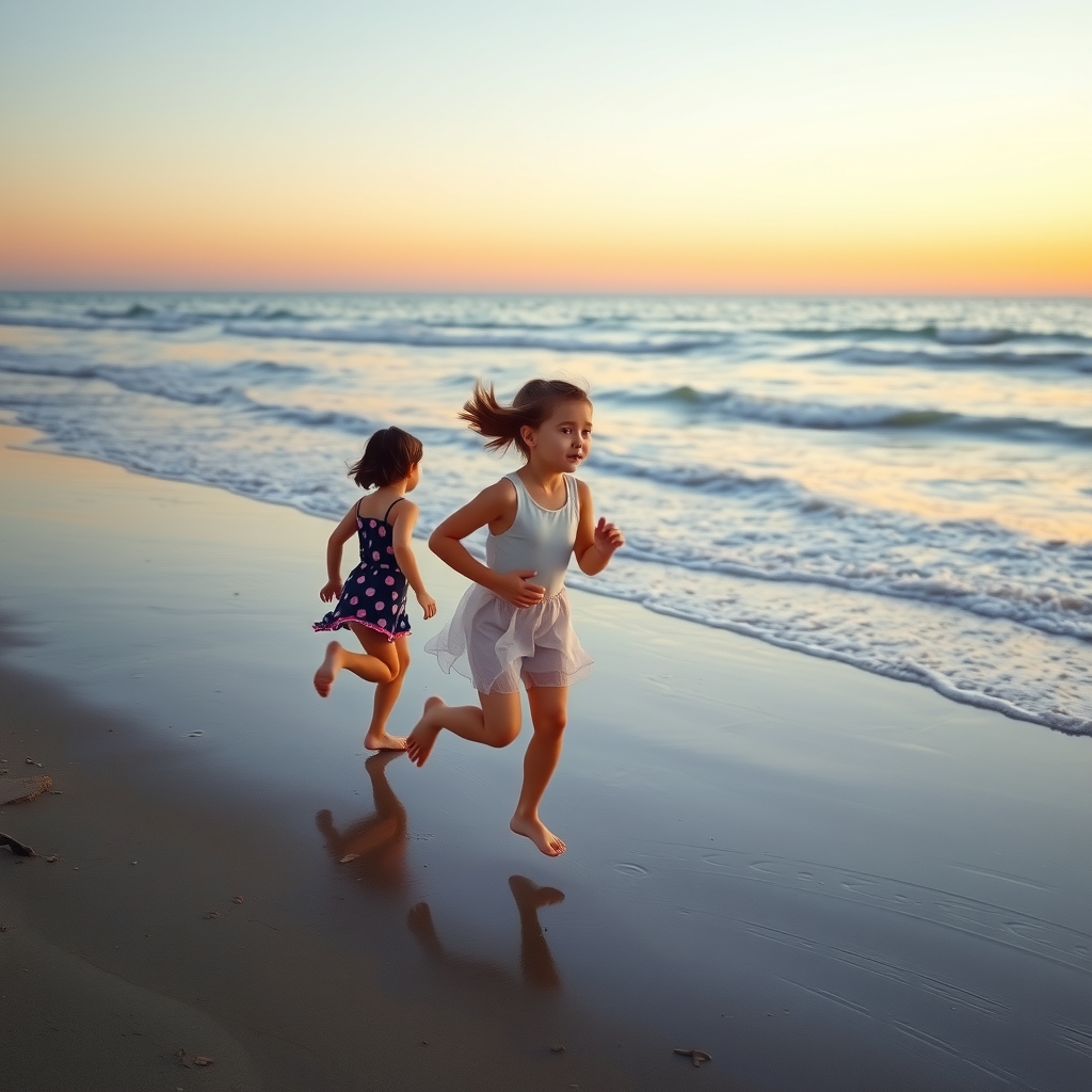 two short haired girls running and playing on the beach at dusk by मुफ्त एआई छवि जनरेटर - बिना लॉगिन के✨ | AIGAZOU