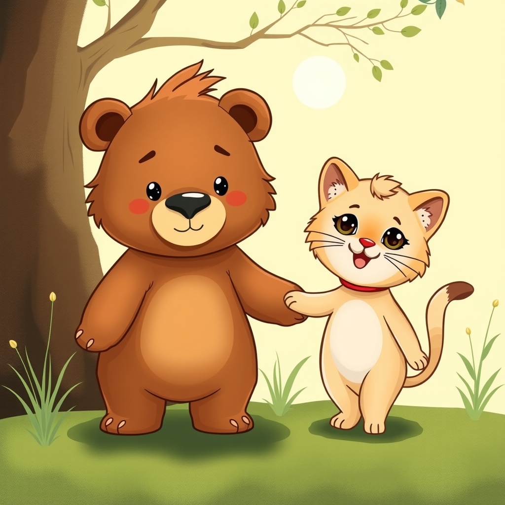 a small bear and a small lion and a small cat hand in hand cartoon all 3 on one picture by मुफ्त एआई छवि जनरेटर - बिना लॉगिन के✨ | AIGAZOU