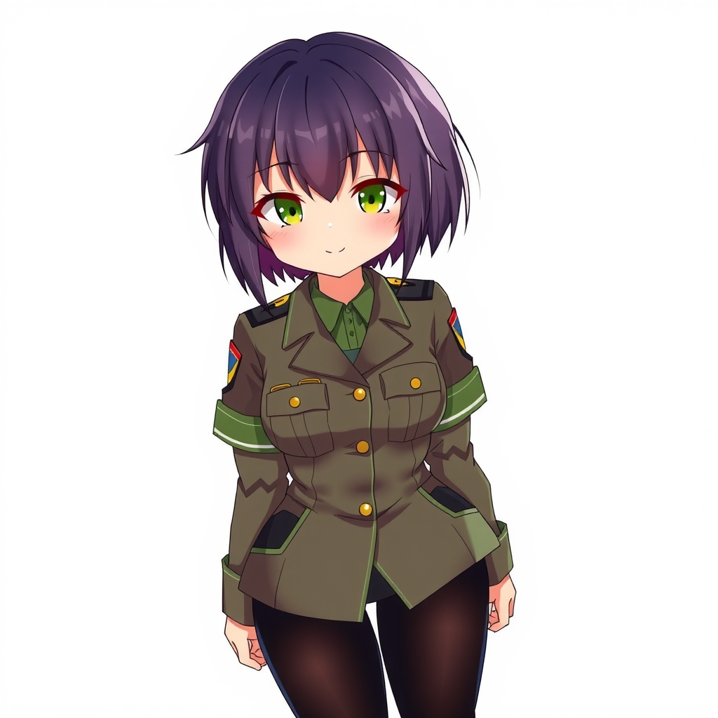 anime style black hair military uniform girl green eyes smiling full body black stockings large chest standing straight by Générateur d'images par IA gratuit - Aucune connexion nécessaire✨ | AIGAZOU