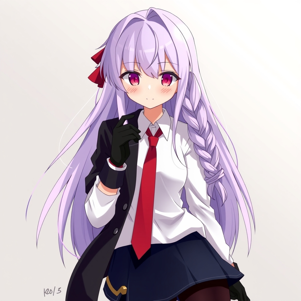 anime style light purple long hair right side braid white shirt black coat red tie black gloves black miniskirt black by मुफ्त एआई छवि जनरेटर - बिना लॉगिन के✨ | AIGAZOU