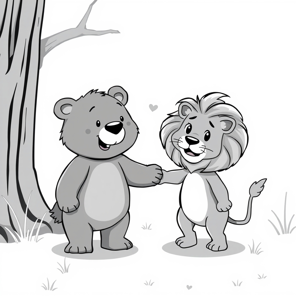 a small bear and a small lion hand in hand cartoon black and white by मुफ्त एआई छवि जनरेटर - बिना लॉगिन के✨ | AIGAZOU