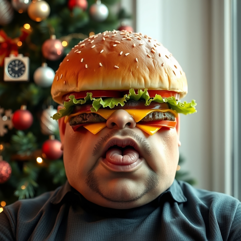 hamburger character man wearing hamburger face christmas tree by मुफ्त एआई छवि जनरेटर - बिना लॉगिन के✨ | AIGAZOU