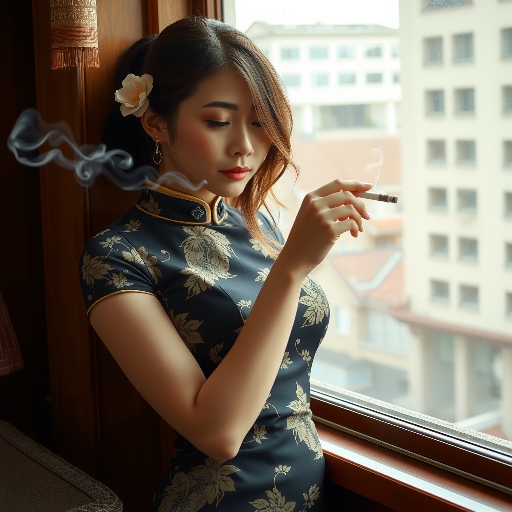 a girl in cheongsam leaning by the window by मुफ्त एआई छवि जनरेटर - बिना लॉगिन के✨ | AIGAZOU