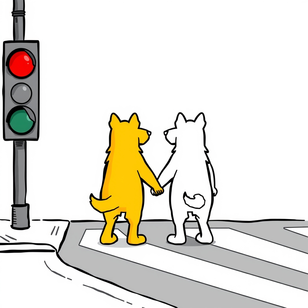 simple line drawing style comic background light colored simple lines road opposite side two humanoid dogs one yellow one white by मुफ्त एआई छवि जनरेटर - बिना लॉगिन के✨ | AIGAZOU