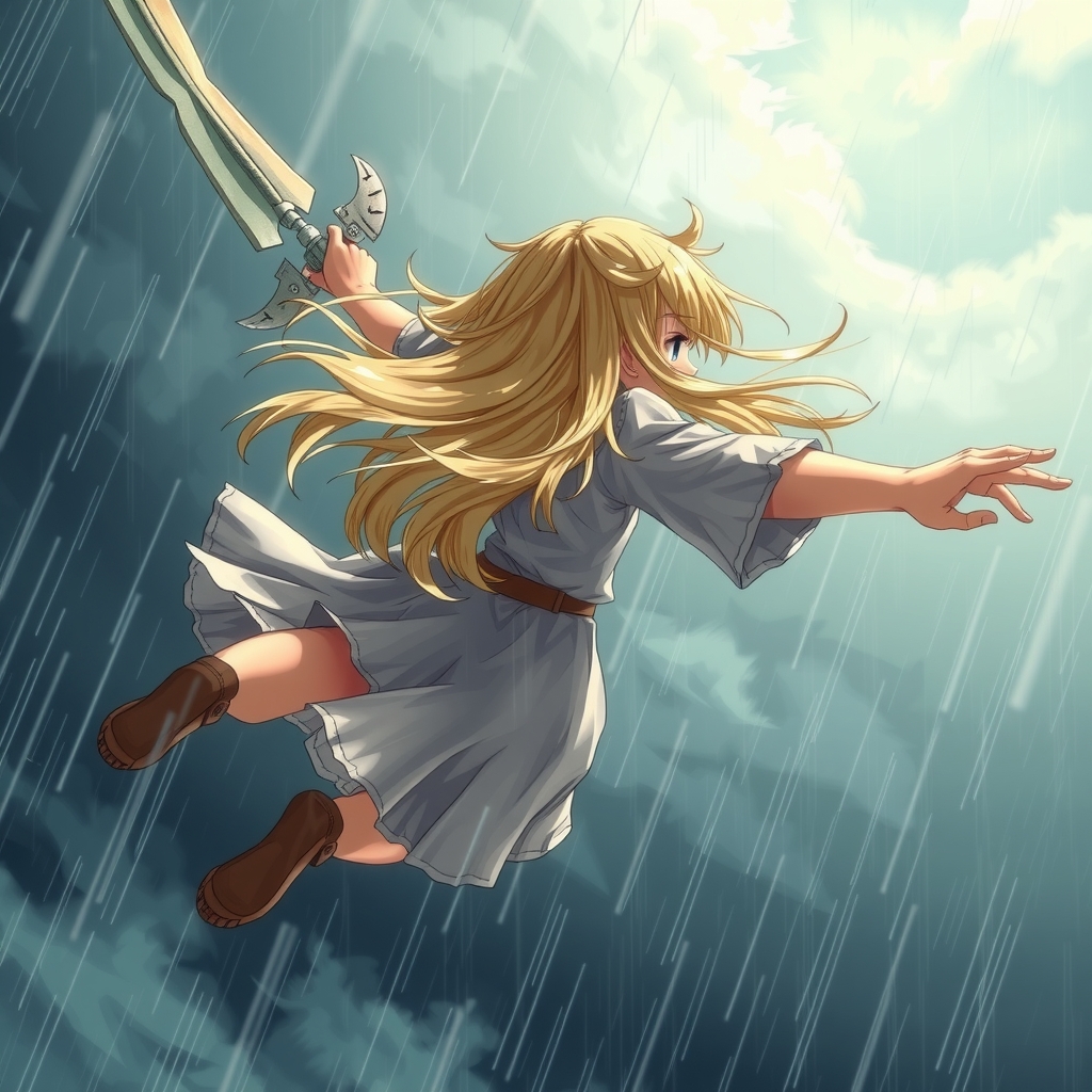 a blonde girl with twin blades flying in the sky by मुफ्त एआई छवि जनरेटर - बिना लॉगिन के✨ | AIGAZOU