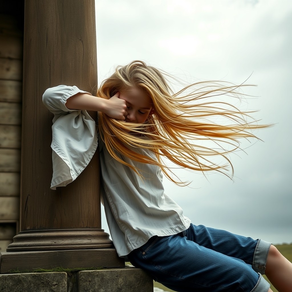 a blonde twin blade girl clinging to a country house pillar in the wind by मुफ्त एआई छवि जनरेटर - बिना लॉगिन के✨ | AIGAZOU