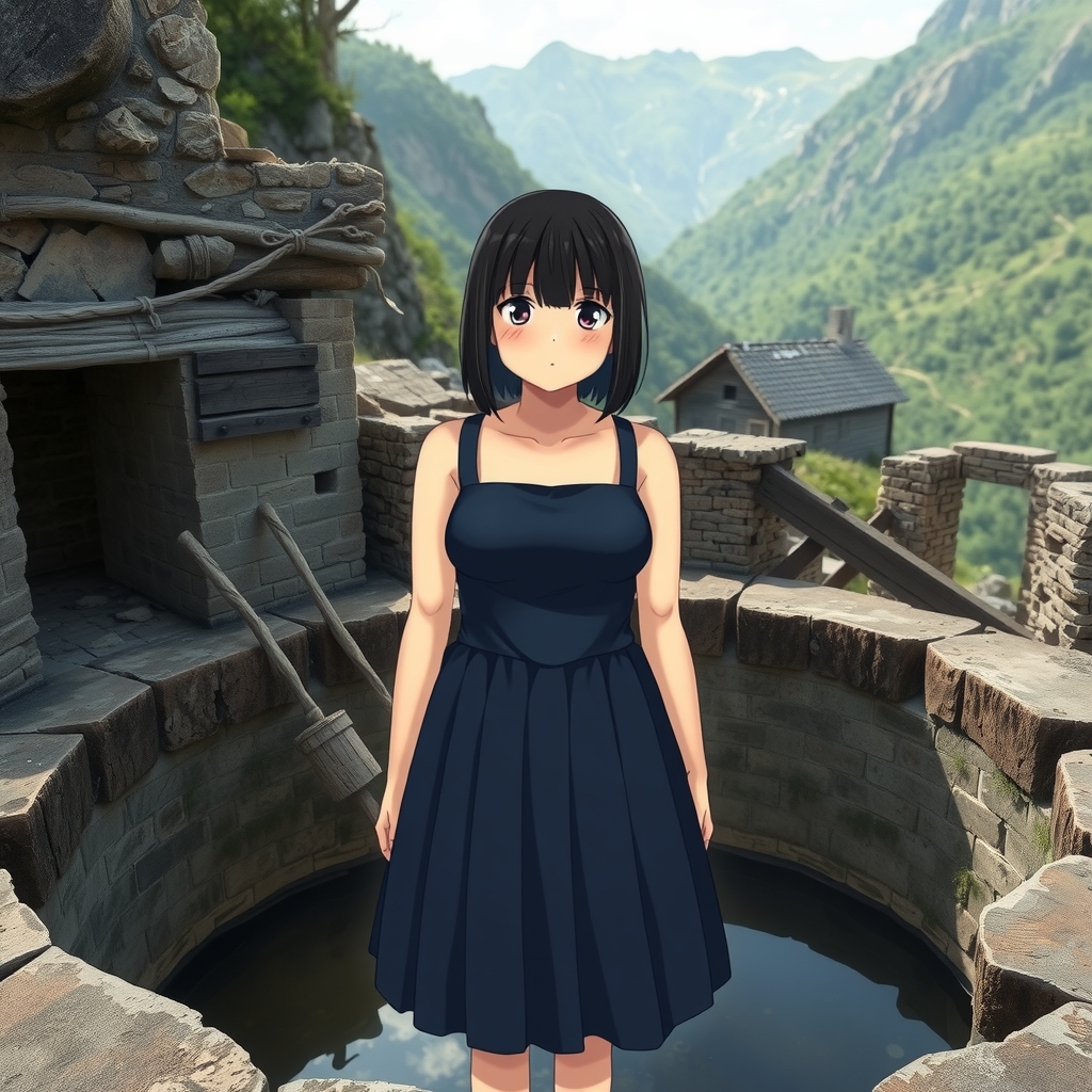 a middle school girl stands in a well in a ruined village in the deep forest by 免費AI圖像生成工具 AI製圖 | AIGAZOU